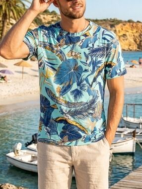 Lerros Men's Tropical Print Short Sleeve Tee  Blue Size XXL Ptp 25" L 30" Cotton